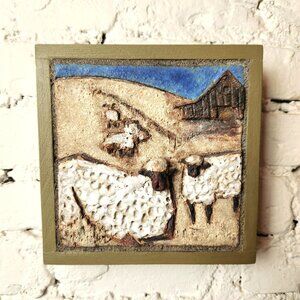 Rustic Farmhouse Sheep Wall Art Ceramic Folk Art Plaque